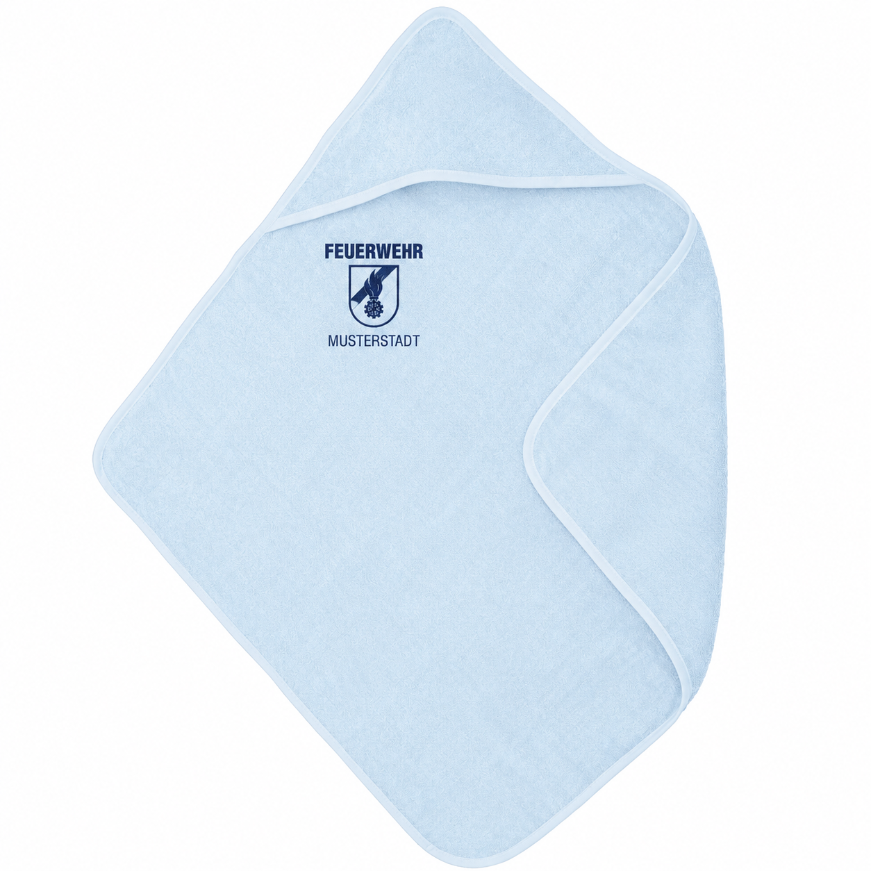 Baby Kapuzenhandtuch in light blue mit Feuerwehrzeichen und Beispiel-Ortsname MUSTERSTADT