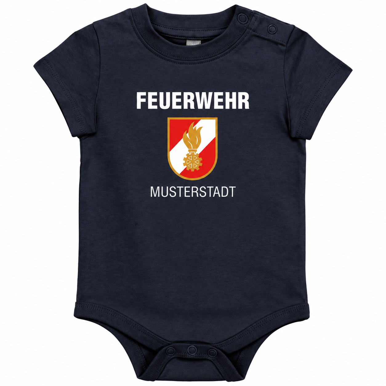Baby Body kurzarm in navy mit Feuerwehrzeichen und Beispiel-Ortsname MUSTERSTADT
