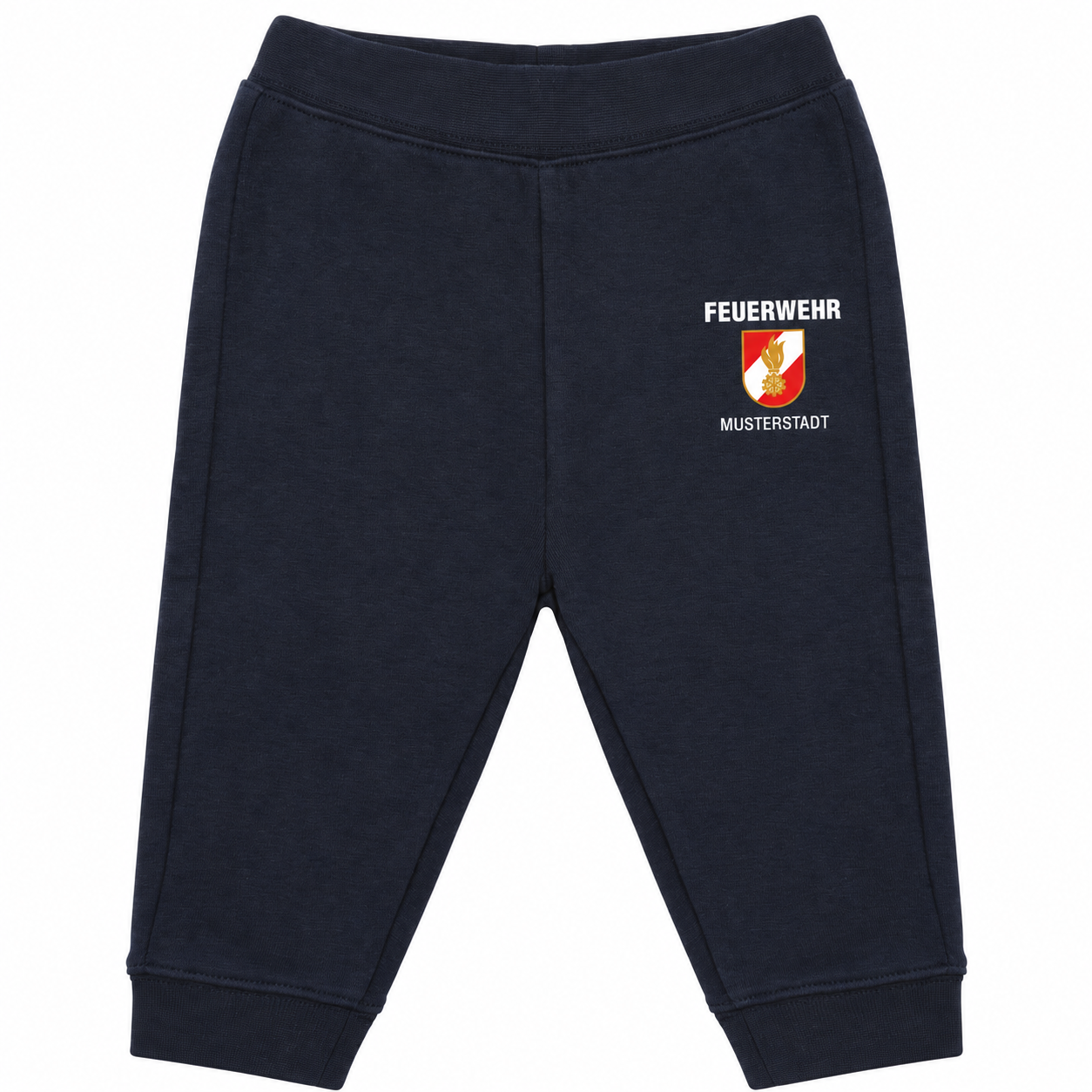 Baby Jogginghose in navy mit Feuerwehrzeichen und Beispiel-Ortsname MUSTERSTADT