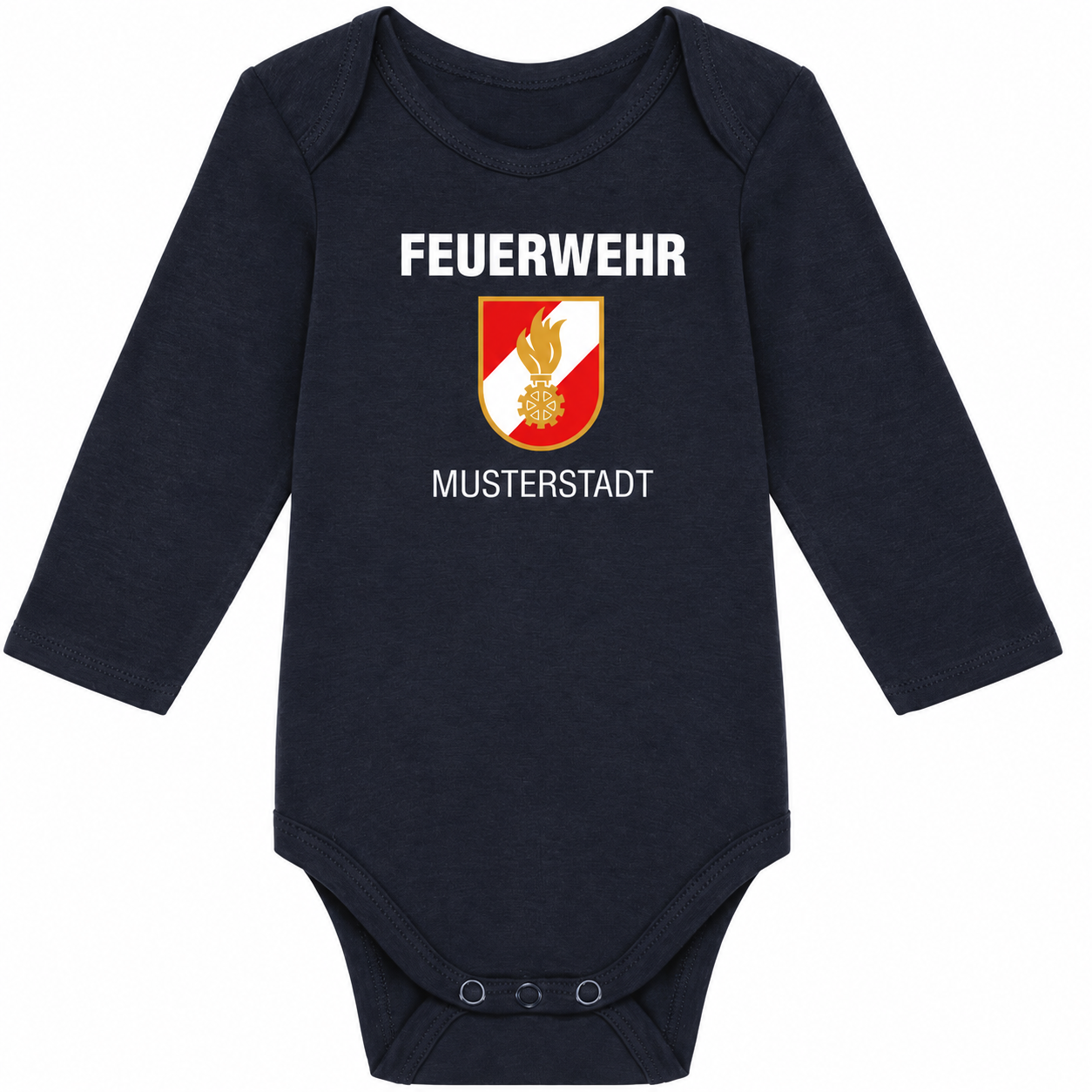 Baby Body langarm in navy mit Feuerwehrzeichen und Beispiel-Ortsname MUSTERSTADT