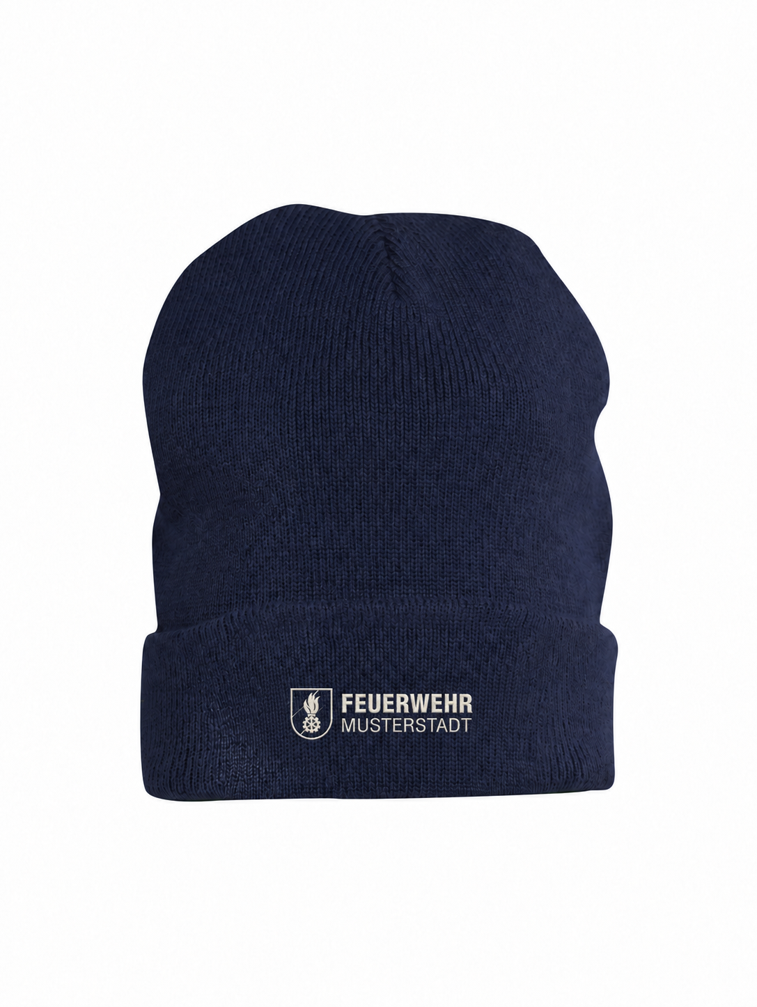 Clique Hubert Strickmütze in Navy mit dezentem Feuerwehrstick und Beispiel-Ortsname MUSTERSTADT