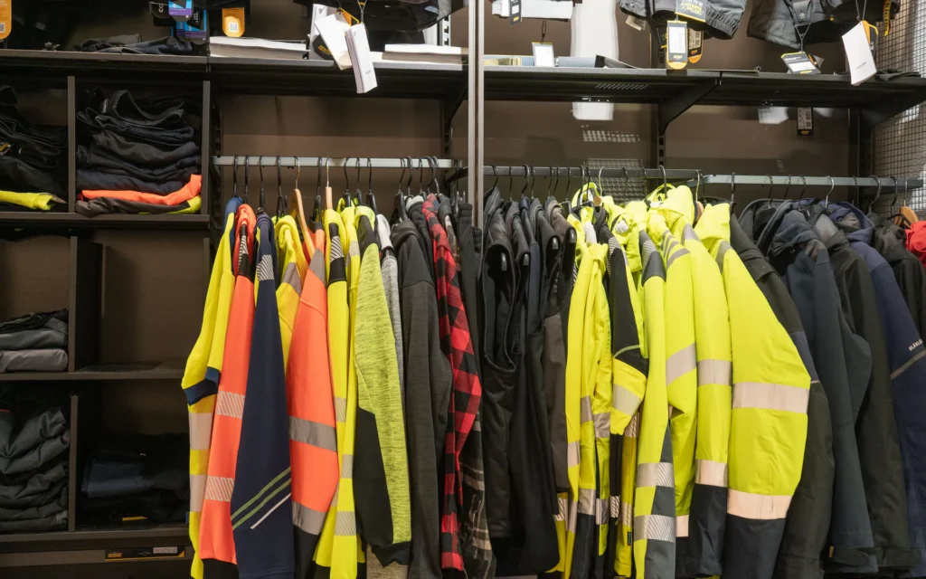 Regal mit Arbeits- und Warnschutzkleidung im Schauraum