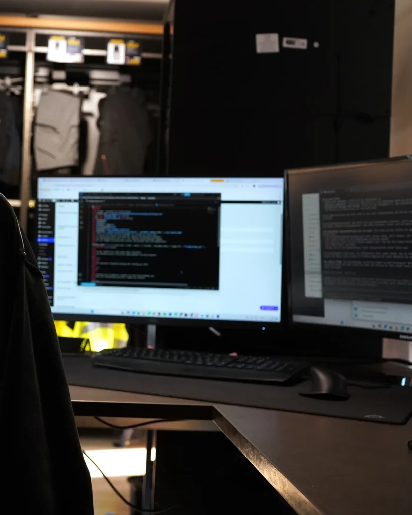Arbeitsplatz mit zwei Bildschirmen, auf einem ein Code-Editor